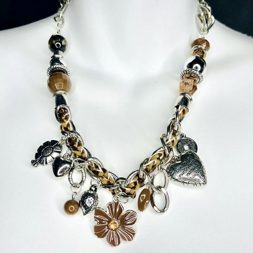 Vintage Religious Necklace Enamel Brown Silver Luke 10:27 Puffy Charms 1552